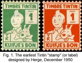 The earliest Tintin stamp (or label) designed by Herge, 1950.