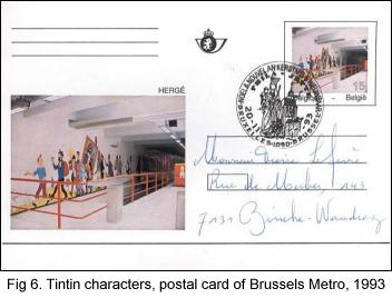 Tintin characters on postal card of Brussels Metro, 1993