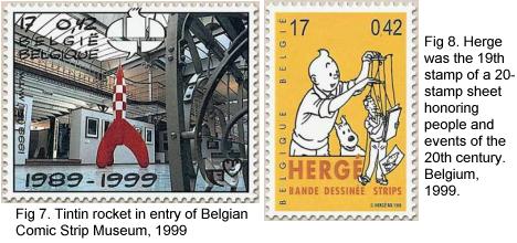 Tintin rocket in entry of Belgian Comic Strip Museum, 1999 and Herge as part of 20-stamp sheet, Belgium, 1999