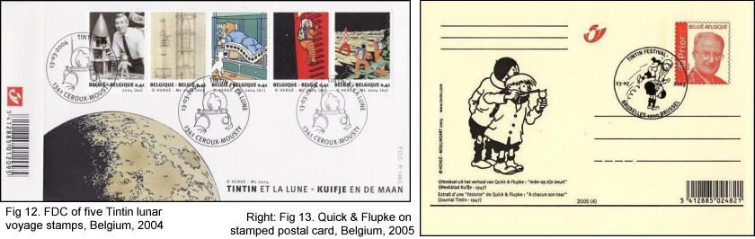 FDC of five Tintin lunar voyage stamps, Belgium, 2004 and Quick & Flupke on stamped postal card, Belgium, 2005