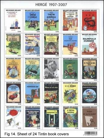 Sheet of all 24 Tintin book covers, Belgium, 2007
