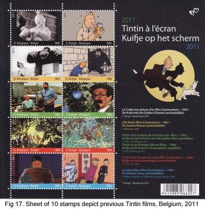 Sheet of 10 stamps depict previous Tintin films, 2011