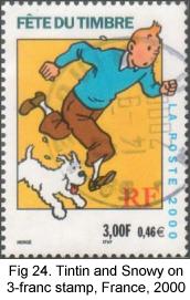 Tintin and Snowy on 3-franc stamp, France, 2000