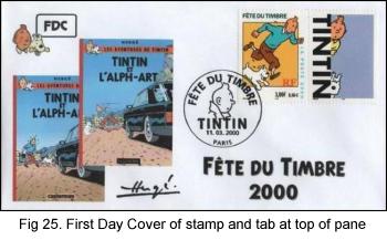 FDC of Tintin and Snowy on 3-franc stamp with tab, France, 2000