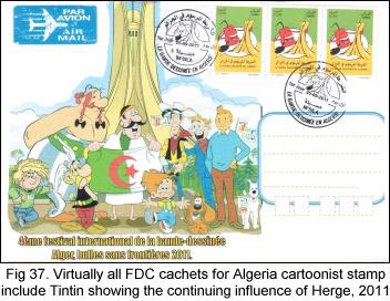 All FDC cachets for Algeria cartoonist stamp include Tintin, 2011