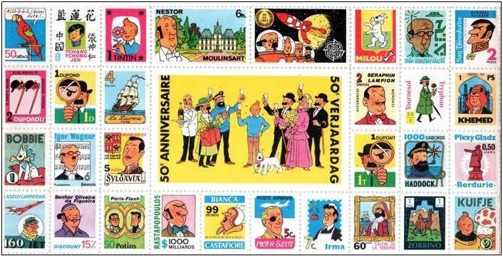 Example Tintin sheetlet of 30 stamp-like labels, 1979