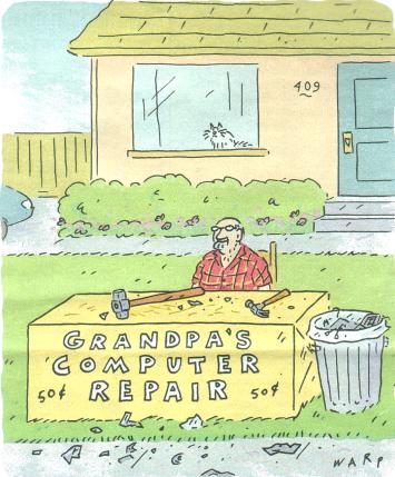 Grandpa Computer Repair copyright by Kim Warp from AARP Bulletin, Jan-Feb 2013
