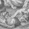 1800's drawing of kittens playing with yarn