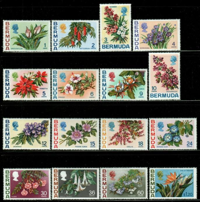 Bermuda ~ Flowers set of 16 stamps ~ 1970 ~ Scott 255-270