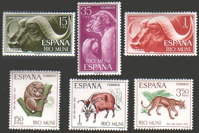 Lot of 6 Espana Rio Muni Mammals stamps