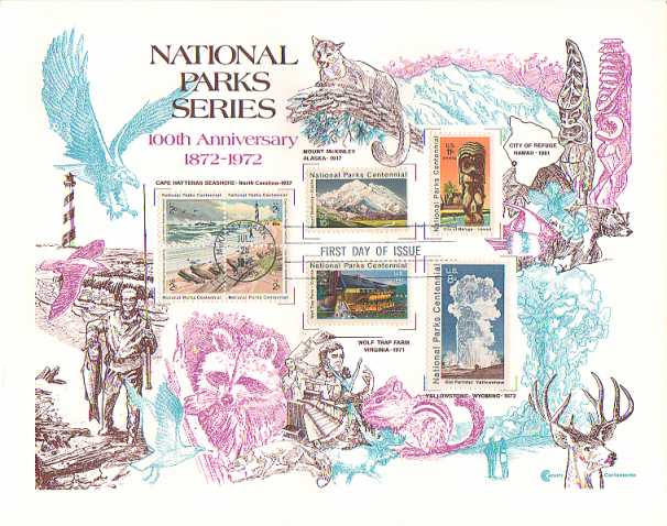 Jumbo first day cover card with all 100th anniversary of National Parks stamps of 1972