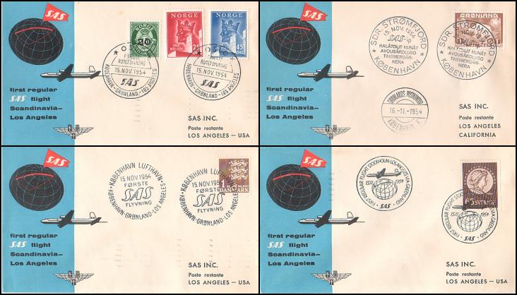 Scandanavia - Los Angeles ~ 4 First Flight covers ~ Nov 1954