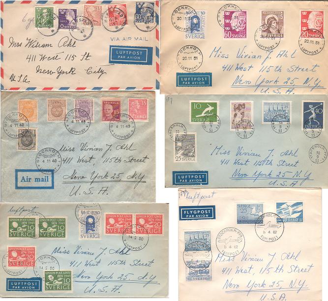 6 Sweden to NYC covers ~ 29 stamps ~ 1947, 49, 50, 51, 53, 62